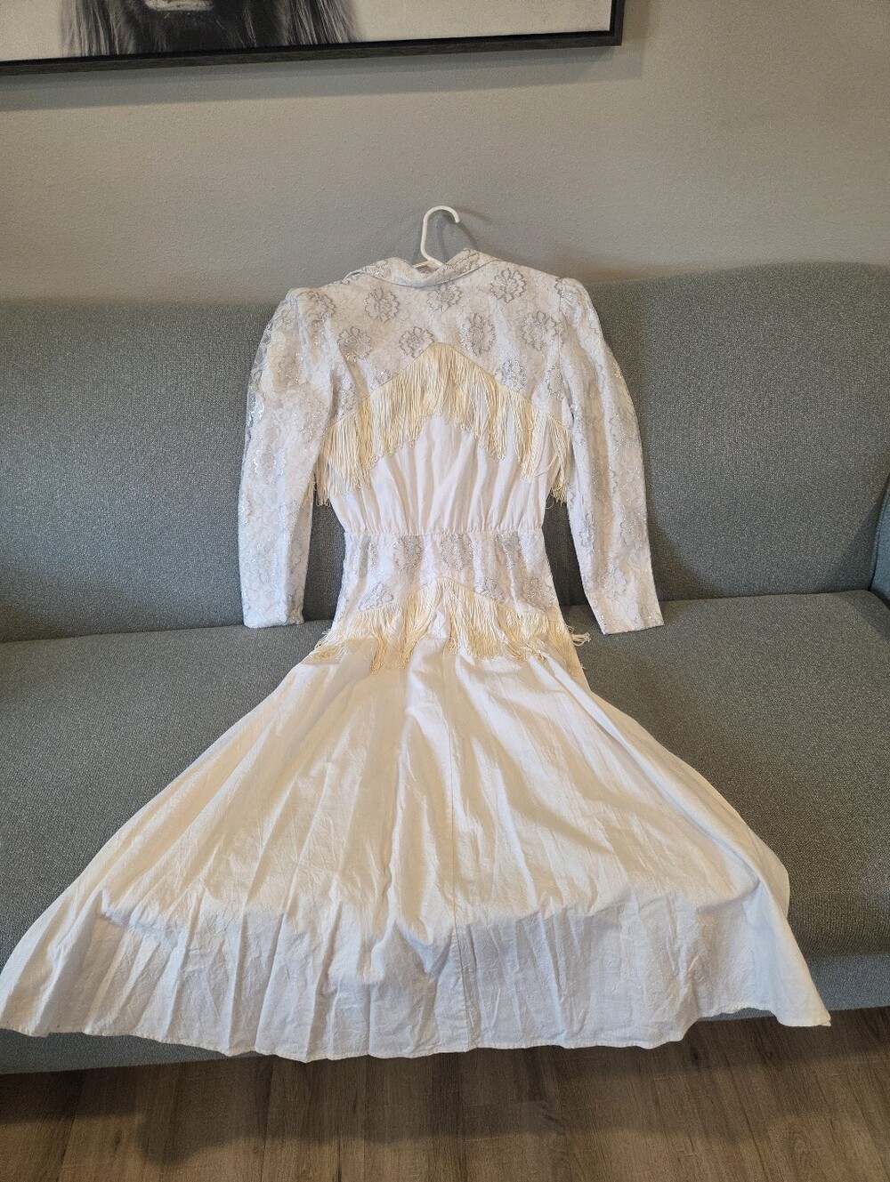 VTG 80s Lilia Smitty Fringe Dress Sz 9/10 Maxi Ivory Silver Lace Western Wedding